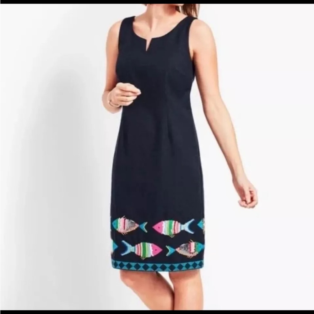 Talbots Womens Sheath Dress 12 Navy Blue Embroidered Sequin Fish Motif Coastal